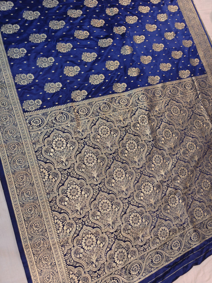 MASHRU KATAN SILK IN NAVY BLUE WITH GOLD ZARI WORK BOOTA