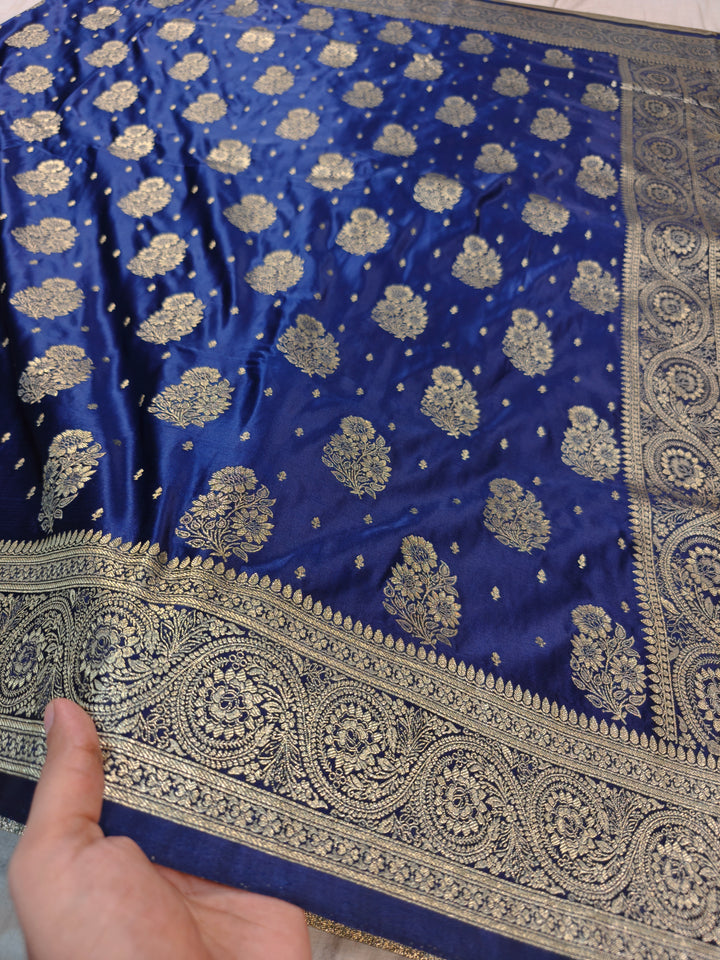 MASHRU KATAN SILK IN NAVY BLUE WITH GOLD ZARI WORK BOOTA