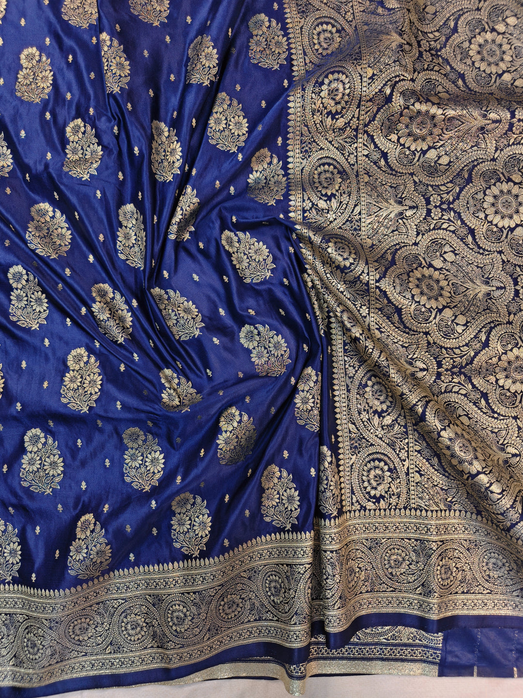 MASHRU KATAN SILK IN NAVY BLUE WITH GOLD ZARI WORK BOOTA