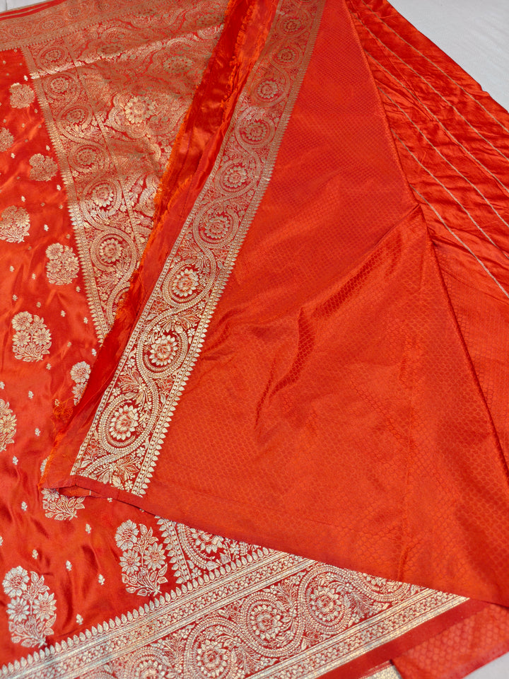 MASHRU KATAN SILK IN ORANGE WITH GOLD ZARI WORK BOOTA