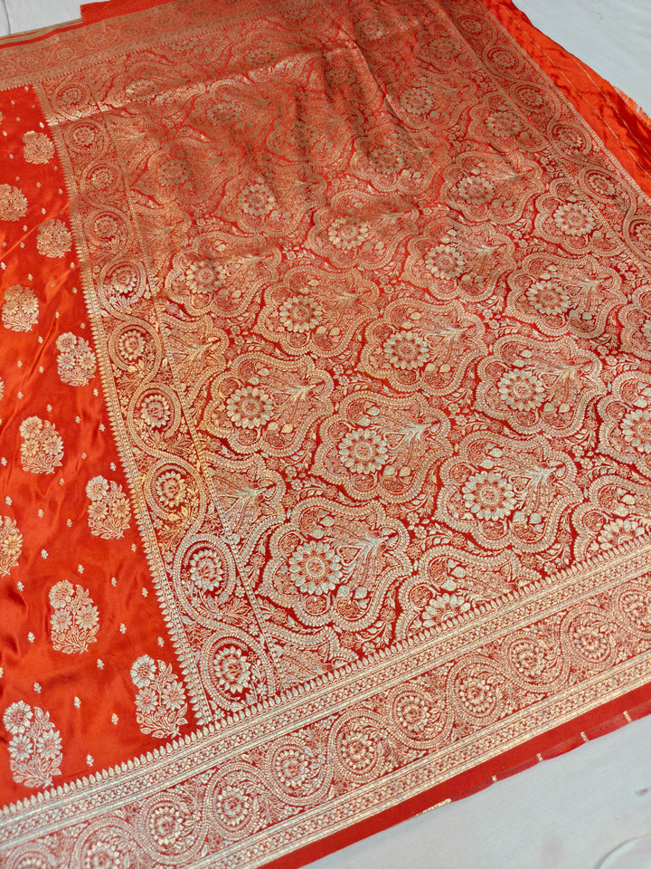 MASHRU KATAN SILK IN ORANGE WITH GOLD ZARI WORK BOOTA