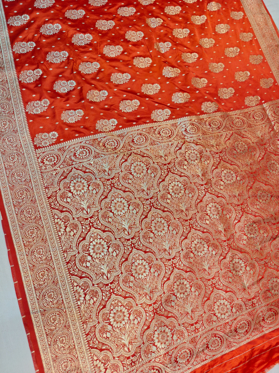 MASHRU KATAN SILK IN ORANGE WITH GOLD ZARI WORK BOOTA
