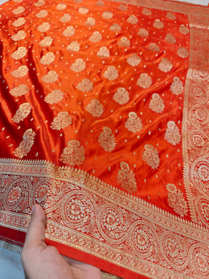 MASHRU KATAN SILK IN ORANGE WITH GOLD ZARI WORK BOOTA