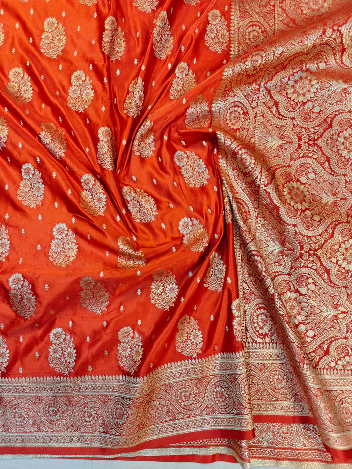 MASHRU KATAN SILK IN ORANGE WITH GOLD ZARI WORK BOOTA