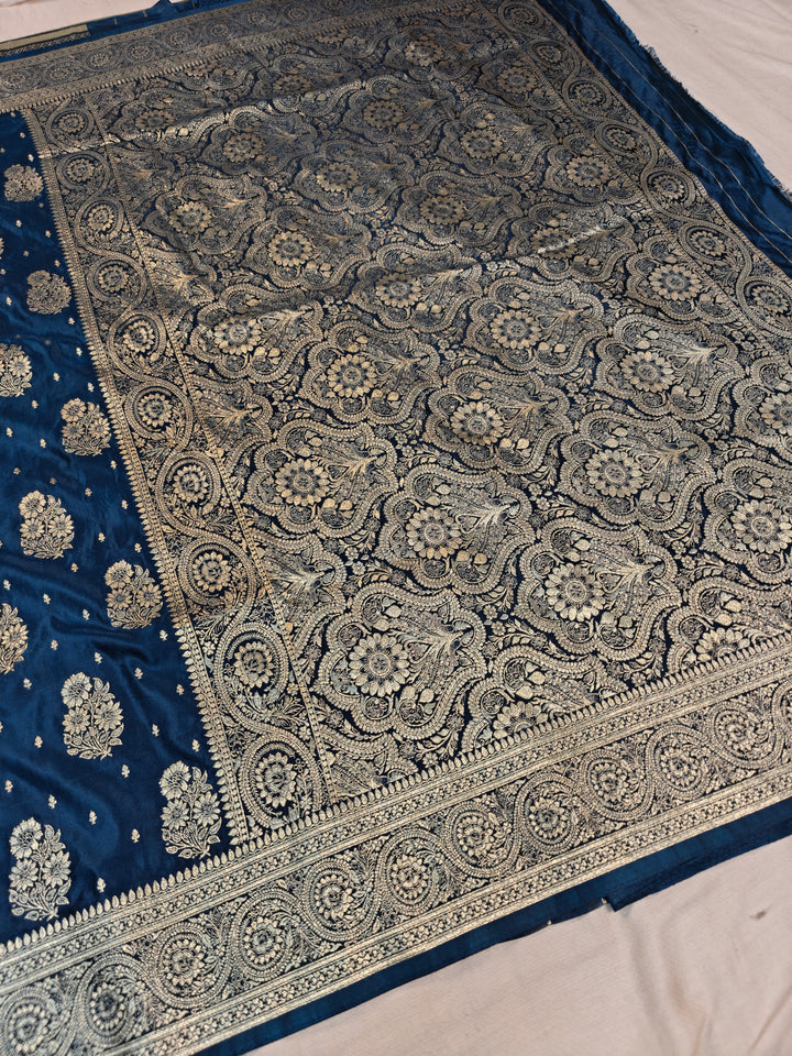 MASHRU KATAN SILK IN ROYALBLUE WITH GOLD ZARI WORK BOOTA