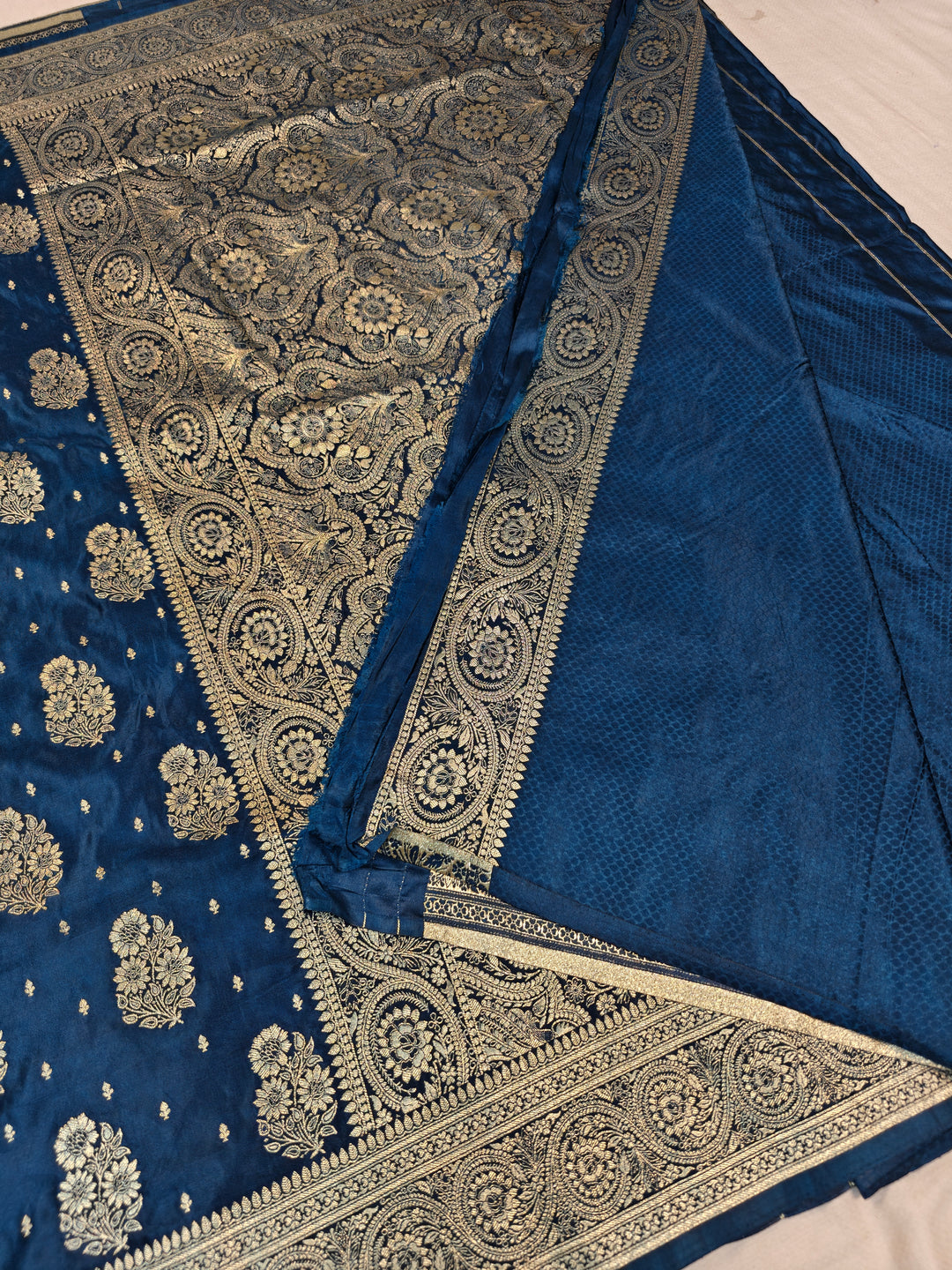 MASHRU KATAN SILK IN ROYALBLUE WITH GOLD ZARI WORK BOOTA