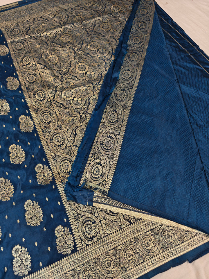 MASHRU KATAN SILK IN ROYALBLUE WITH GOLD ZARI WORK BOOTA