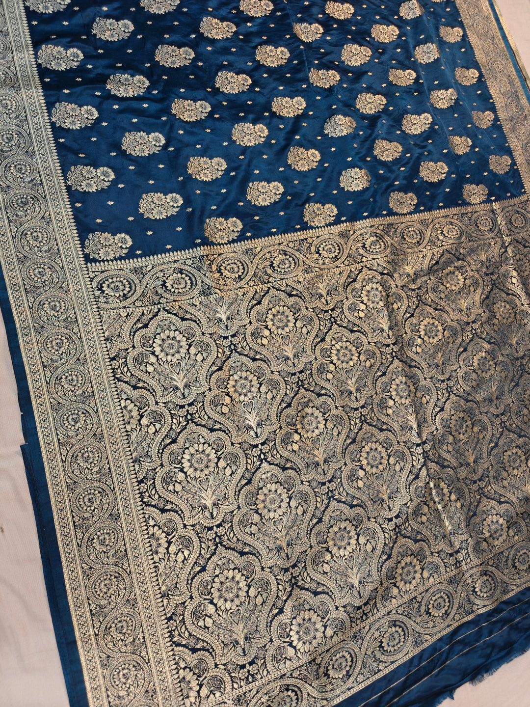 MASHRU KATAN SILK IN ROYALBLUE WITH GOLD ZARI WORK BOOTA