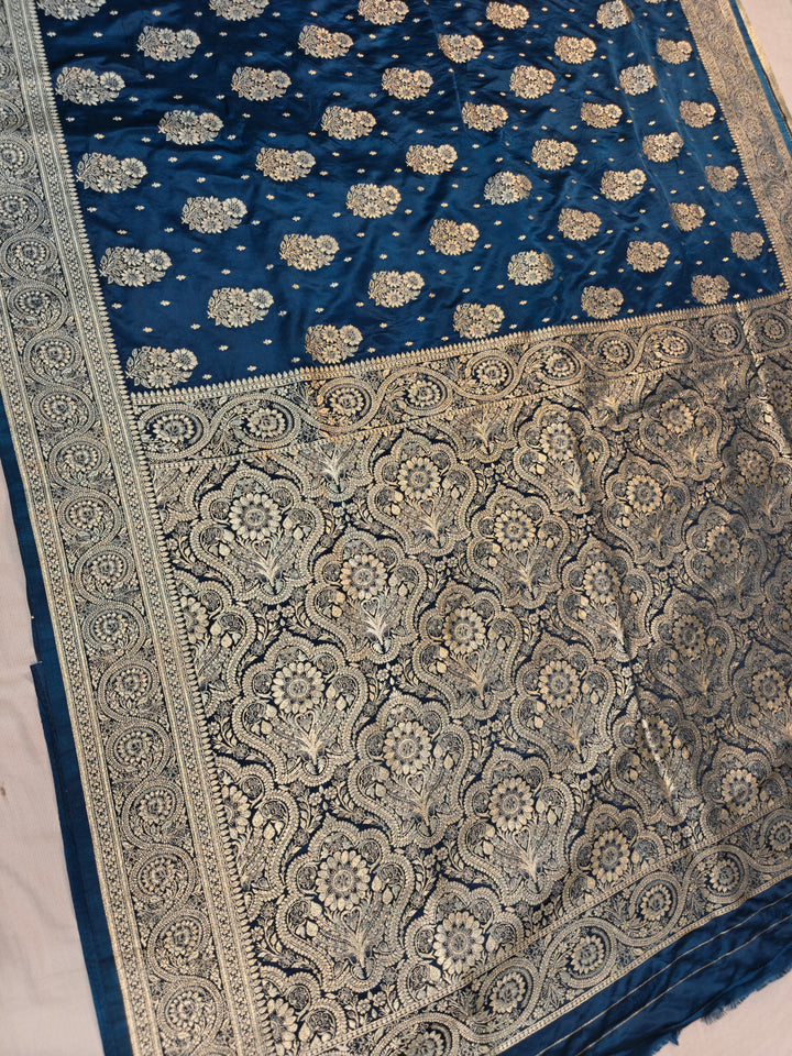 MASHRU KATAN SILK IN ROYALBLUE WITH GOLD ZARI WORK BOOTA