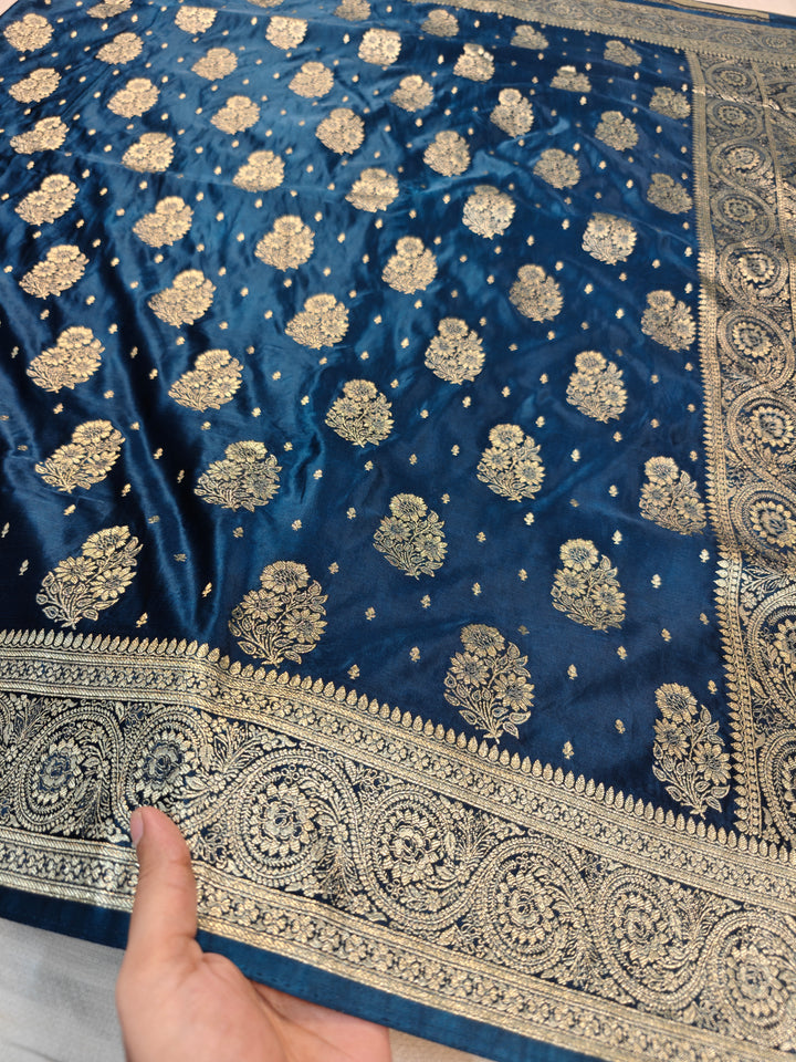 MASHRU KATAN SILK IN ROYALBLUE WITH GOLD ZARI WORK BOOTA