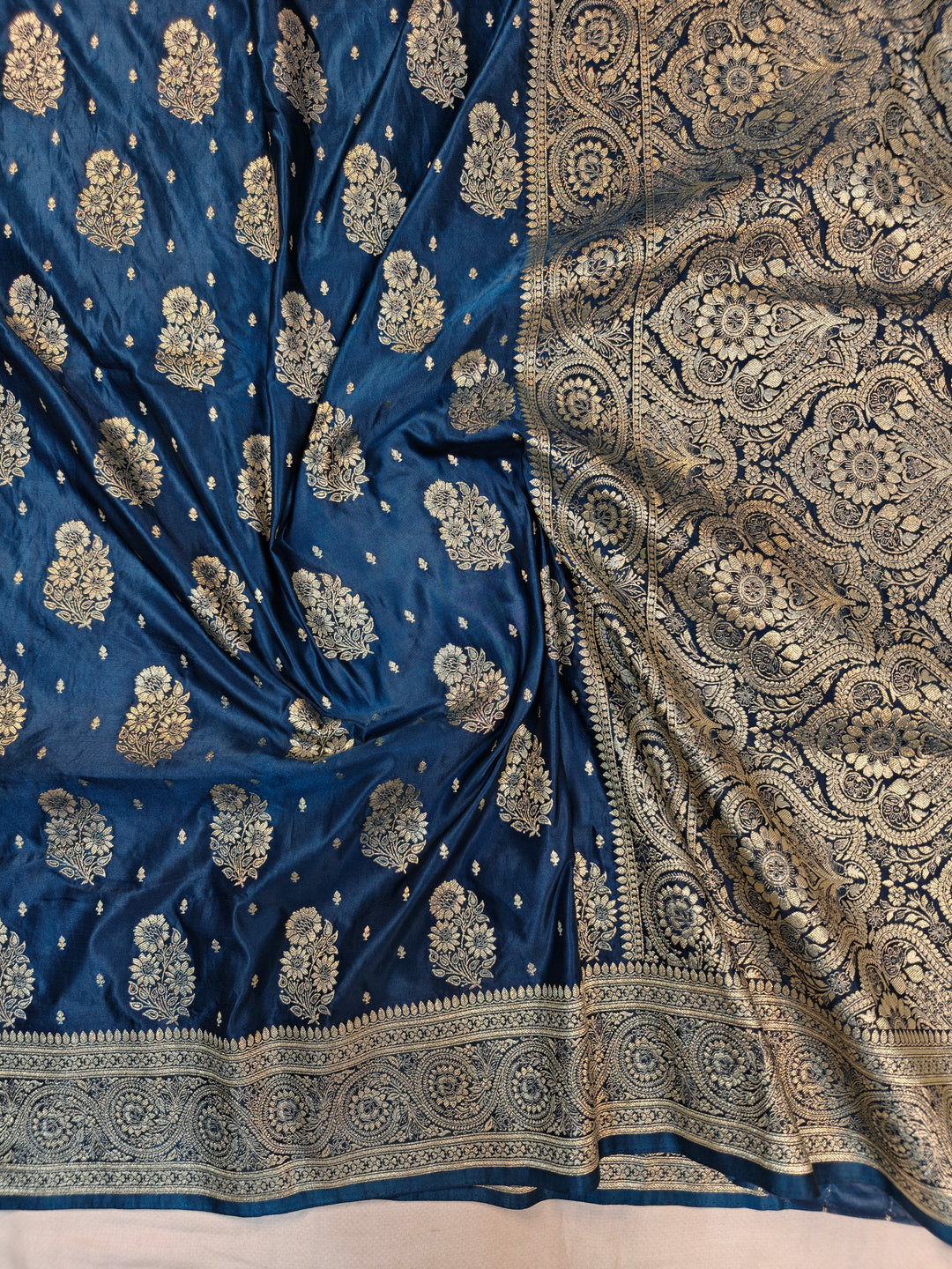 MASHRU KATAN SILK IN ROYALBLUE WITH GOLD ZARI WORK BOOTA
