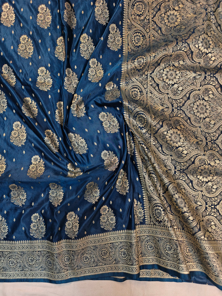 MASHRU KATAN SILK IN ROYALBLUE WITH GOLD ZARI WORK BOOTA
