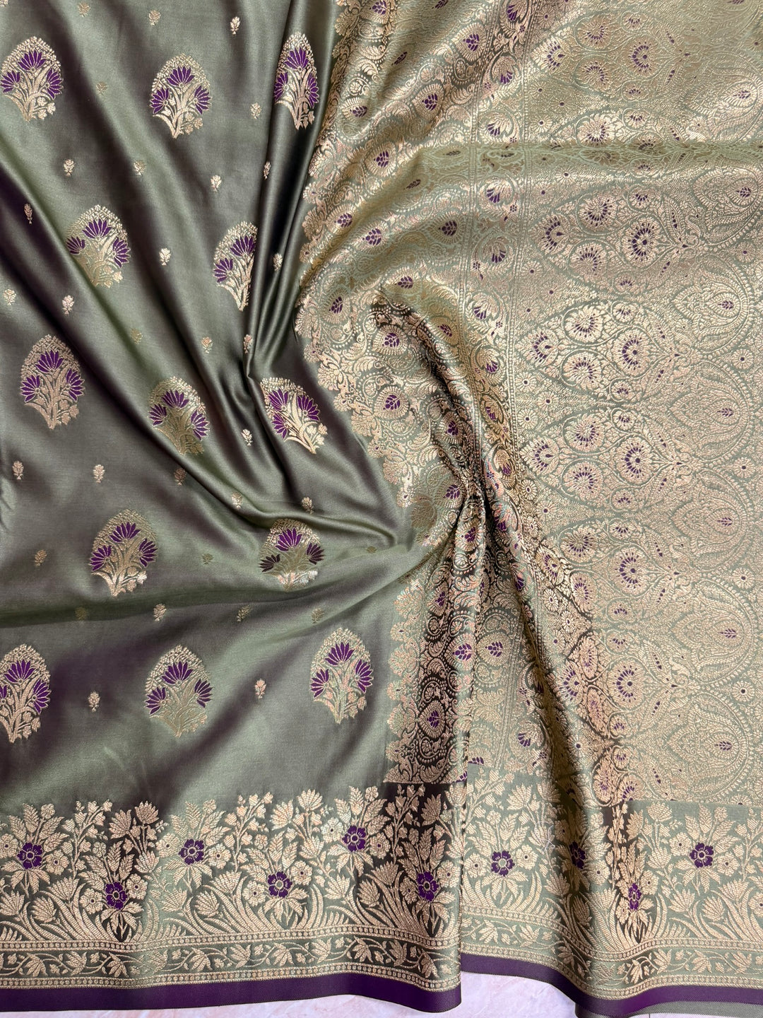 MASHRU KATAN IN MEHANDI COLOUR WITH MEENAKARI SAREE