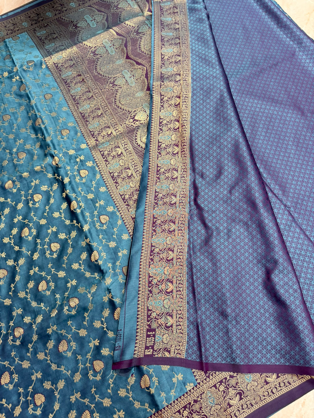 MASHRU KATAN SAREE IN TEAL PEACOCK BLUE COLOUR WITH MEENAKARI DETAILINGS