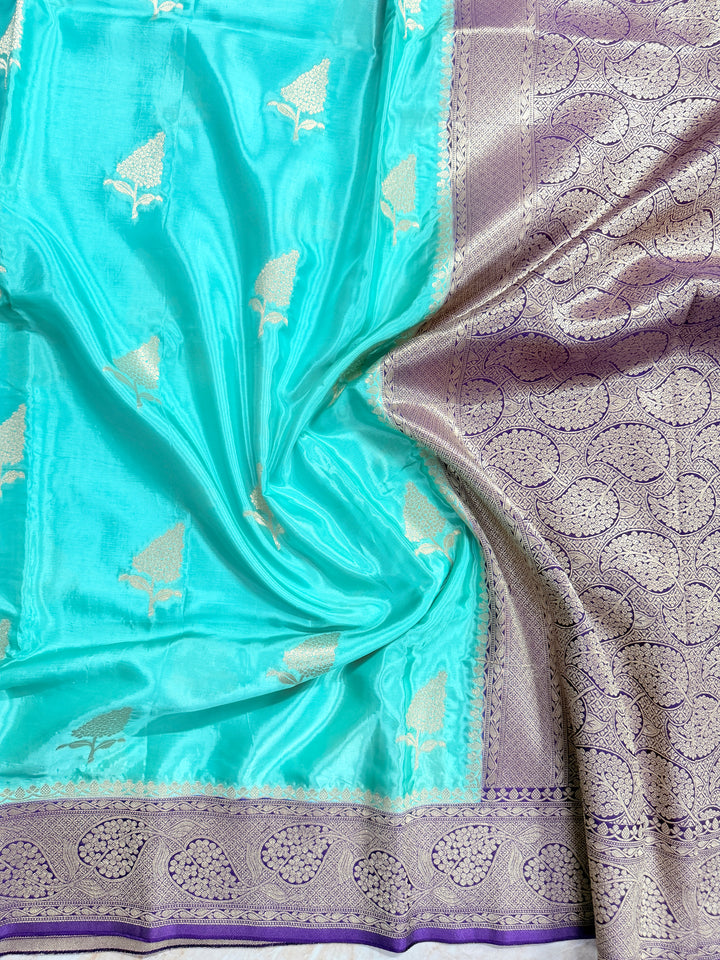 KOREAN VISCOSE IN ENGLISH SAPPHIRE GREEN WITH FLORAL BANARASI PATTI BORDER