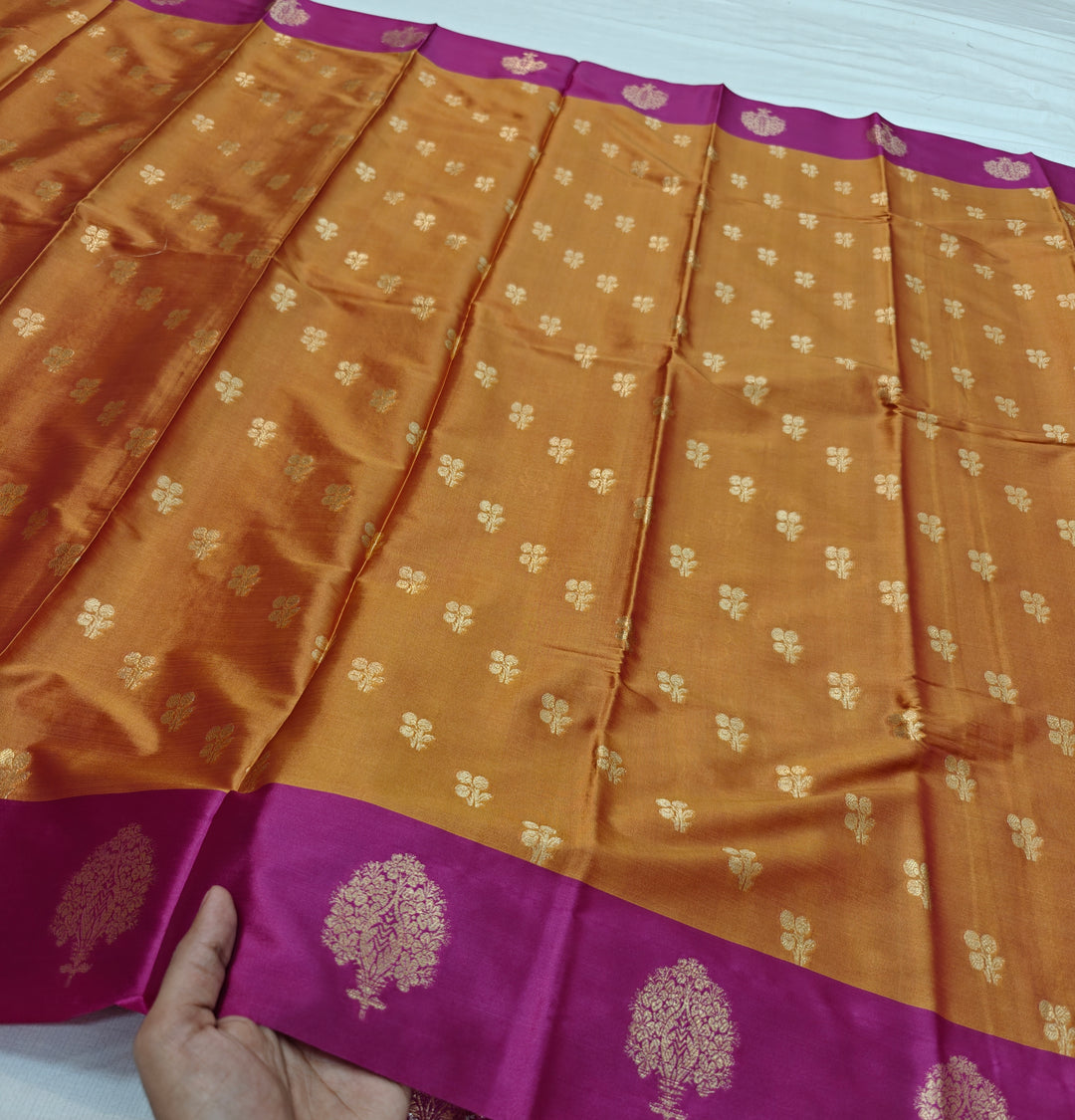 MUSTARD GOLD WITH MAGENTA BORDER BANARASI KATAN SILK