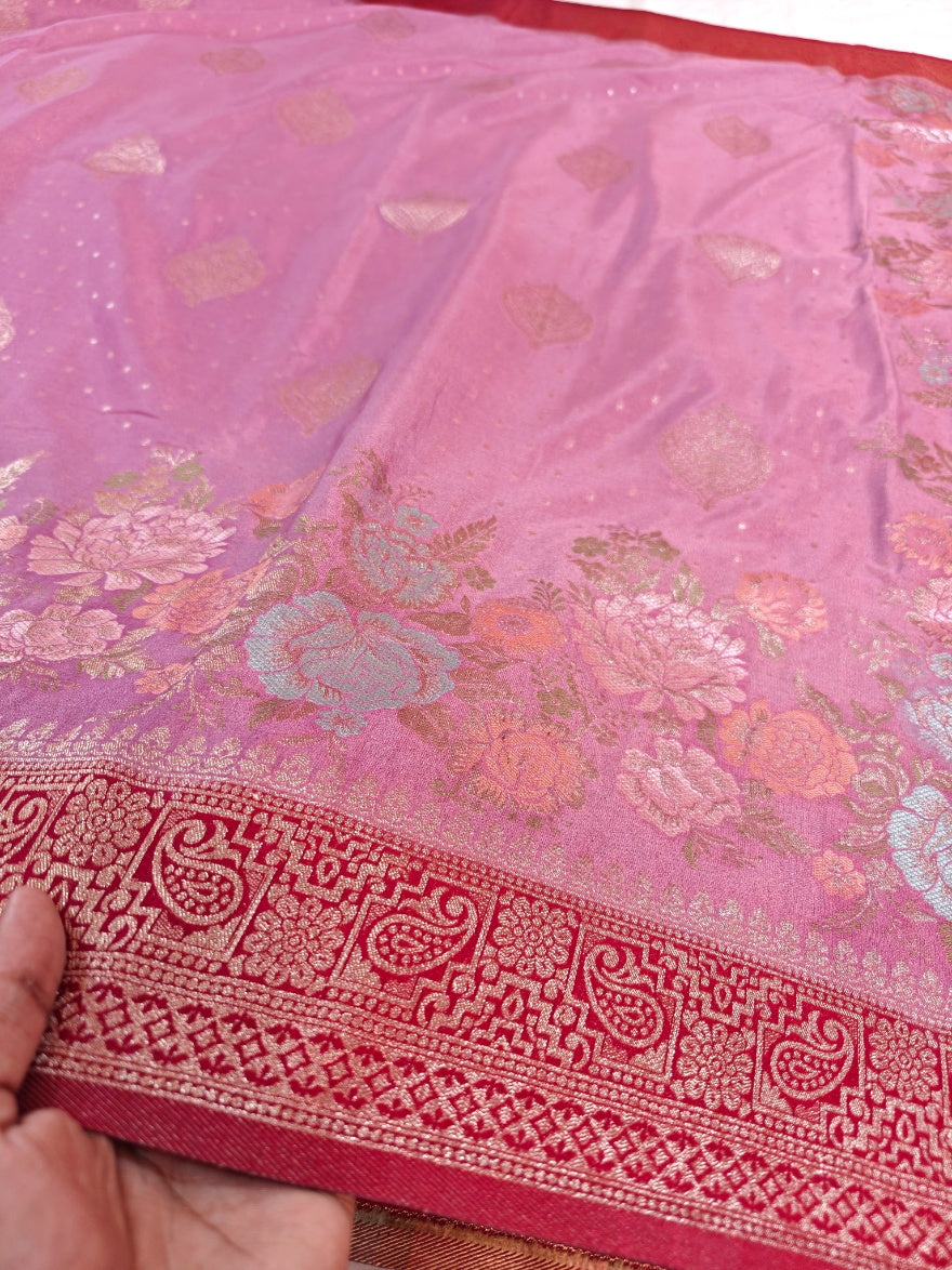 KHADDI GEORGETTE IN PAECH WITH RED COLOUR BORDER