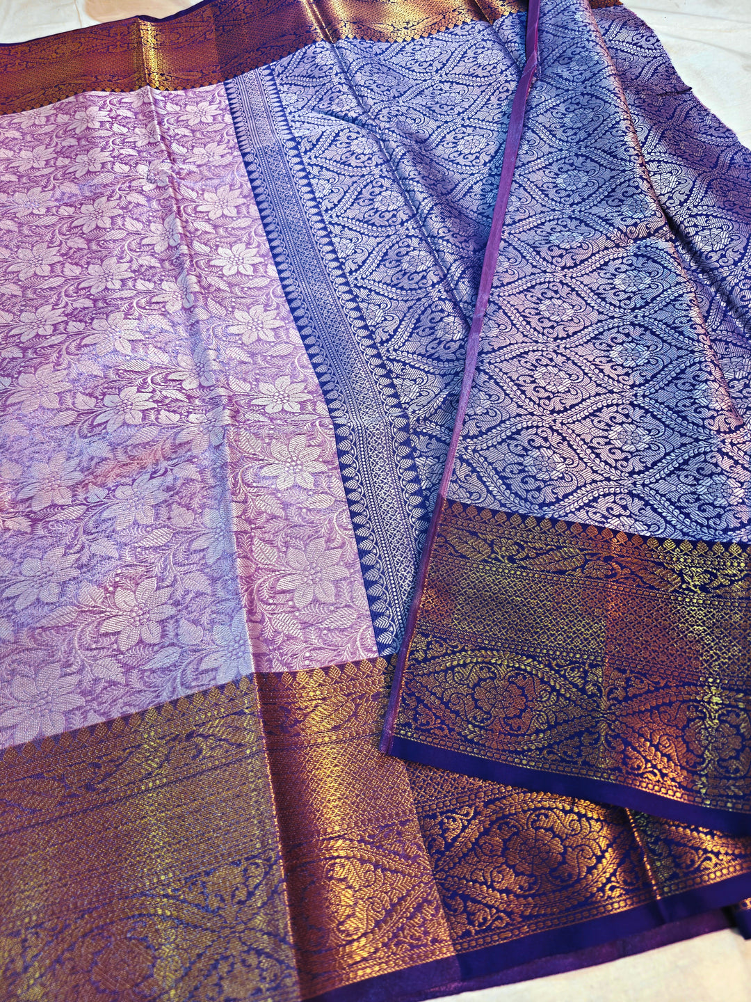 BANARASI KATAN TISU LAVENDER BODY WITH ROYAL BLUE BORDER