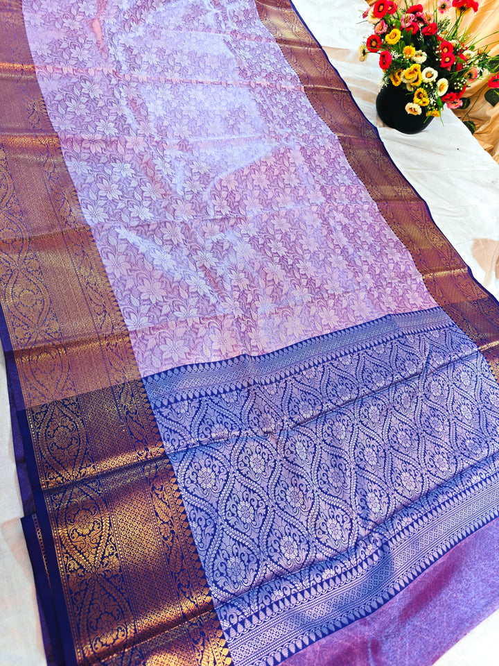 BANARASI KATAN TISU LAVENDER BODY WITH ROYAL BLUE BORDER
