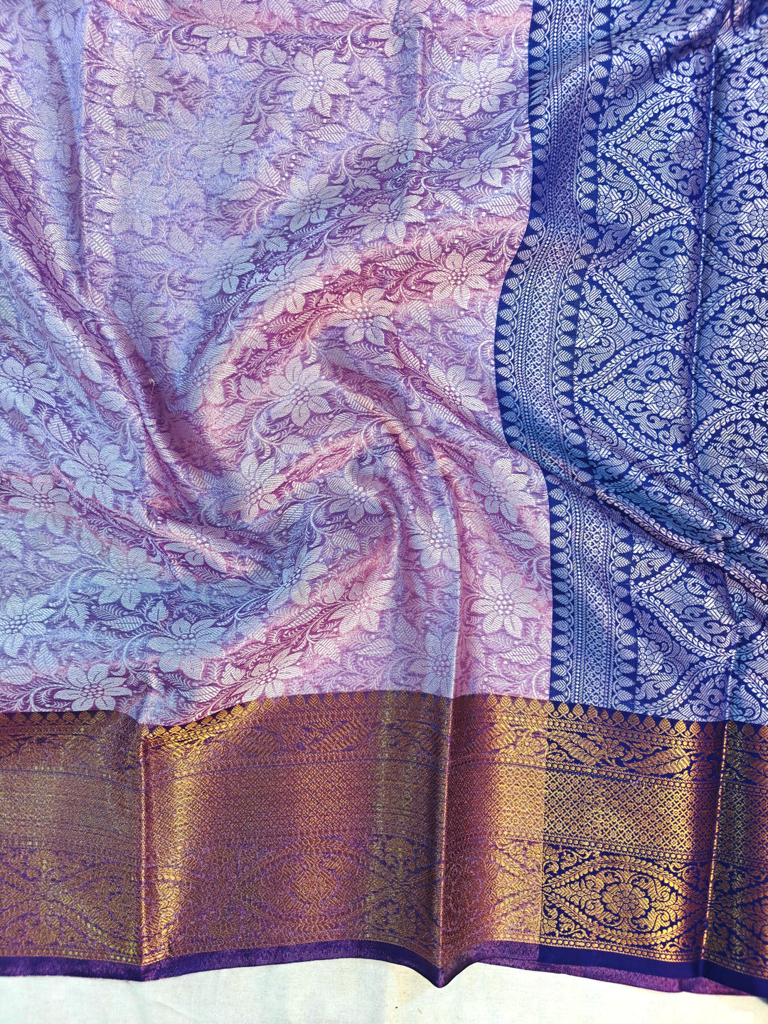 BANARASI KATAN TISU LAVENDER BODY WITH ROYAL BLUE BORDER