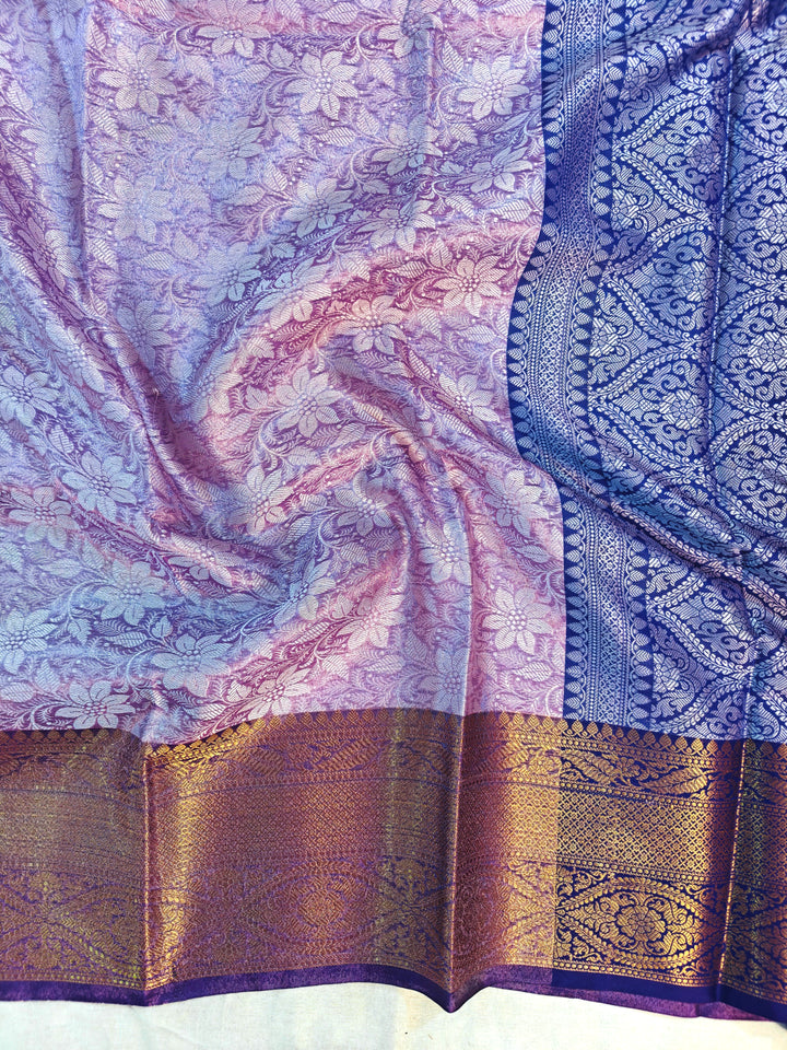 BANARASI KATAN TISU LAVENDER BODY WITH ROYAL BLUE BORDER