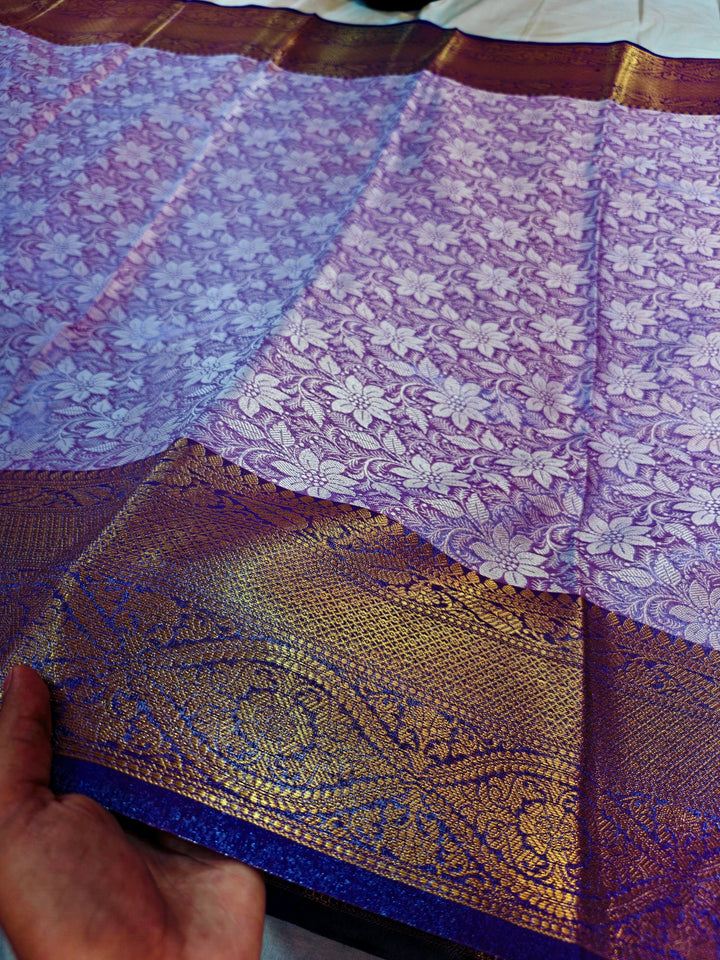 BANARASI KATAN TISU LAVENDER BODY WITH ROYAL BLUE BORDER