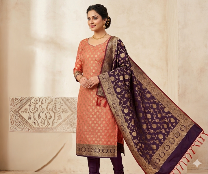 BANARASI SILK IN PEACH SHIRT WITH MAGENTA SHALWAR AND DUPATTA