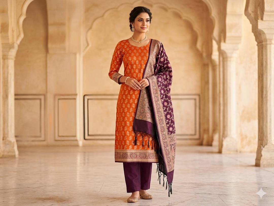 BANARASI SILK IN ORANGE WITH GARNET DUPATTA AND BOTTOM WEAR