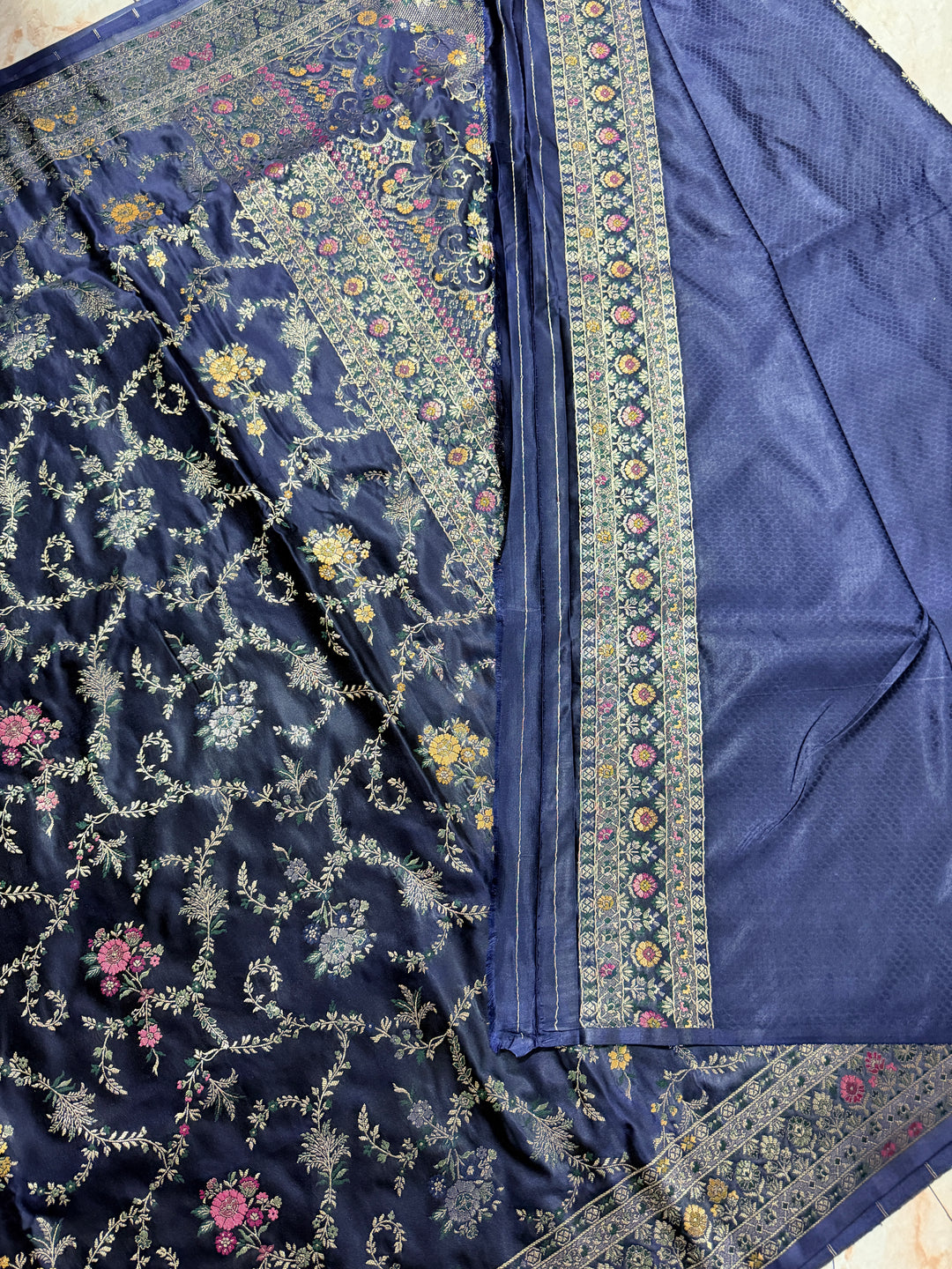 MASHRU KATAN SILK IN NAVY BLUE WITH MINAKARI ZARIWORK DETALINGS
