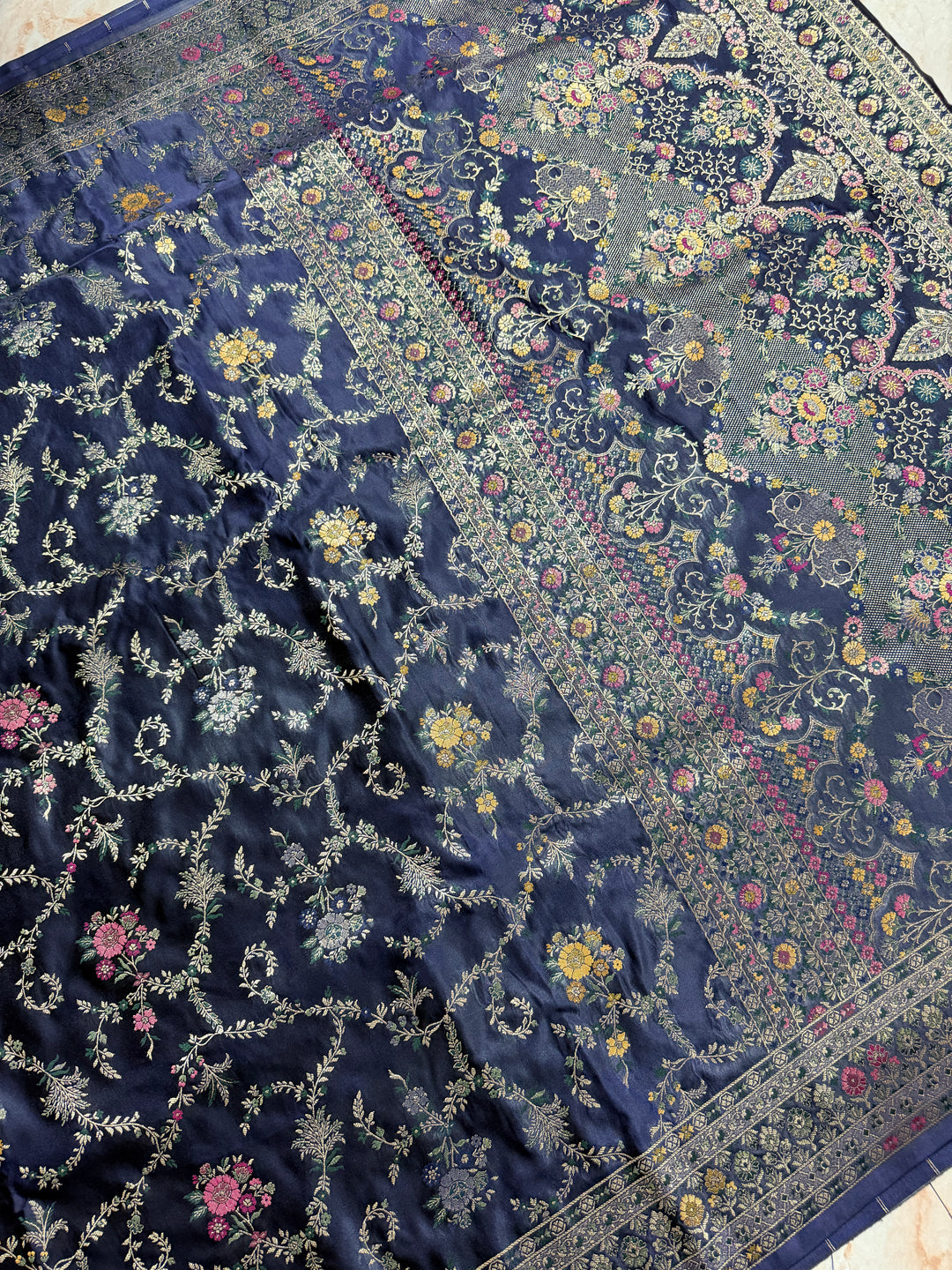 MASHRU KATAN SILK IN NAVY BLUE WITH MINAKARI ZARIWORK DETALINGS