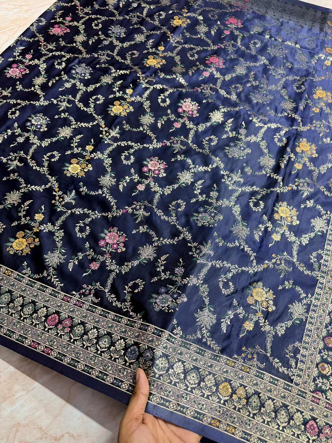 MASHRU KATAN SILK IN NAVY BLUE WITH MINAKARI ZARIWORK DETALINGS