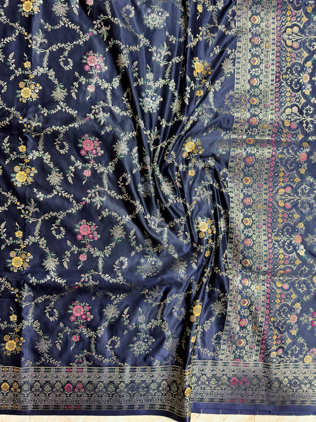 MASHRU KATAN SILK IN NAVY BLUE WITH MINAKARI ZARIWORK DETALINGS