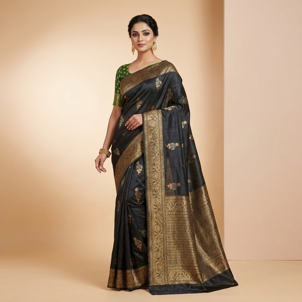 RUSSIAN SILK VISCOS IN BLACK WITH SATIN BORDER