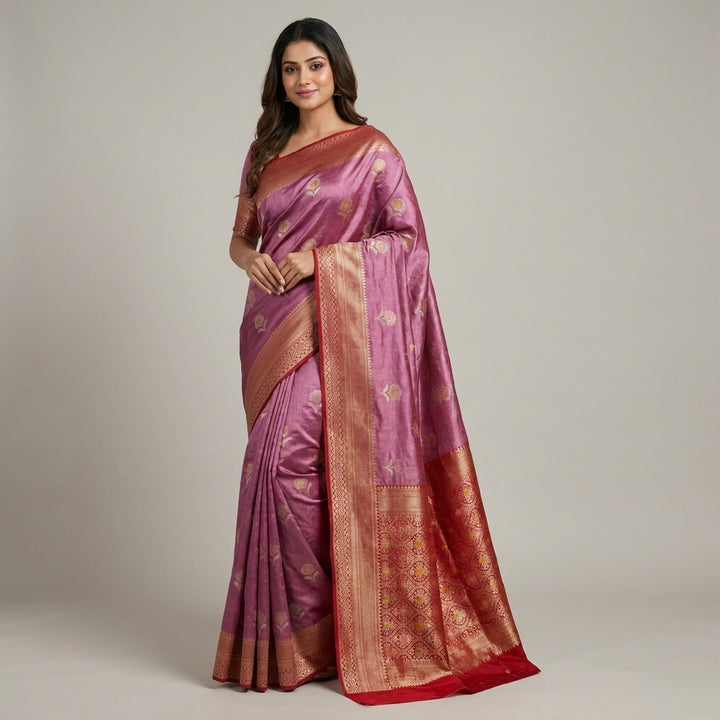 PAPER SILK IN MAGENTA WITH MINAKARI BOOTA AND RED BORDER