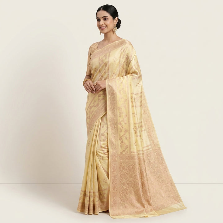 RUSSIAN SILK IN CREAM WITH ANTIQUE ZARI WORK IN VERTICAL PATTERN