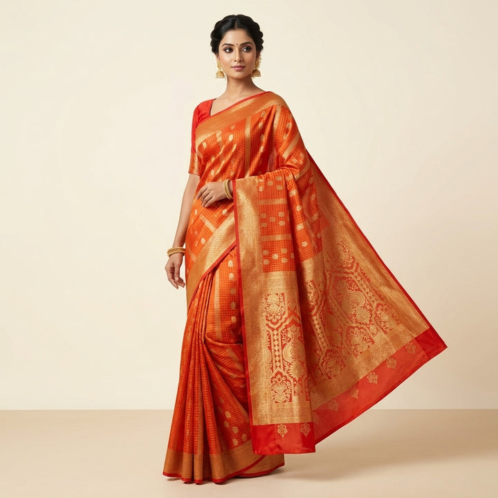 CREPE GEORGETTE IN TANGY ORANGE WITH CHECKS WORK