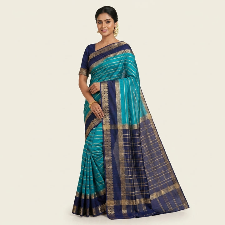 MYSORE CREPE IN ROYAL BLUE WITH NAVY BLUE BORDER