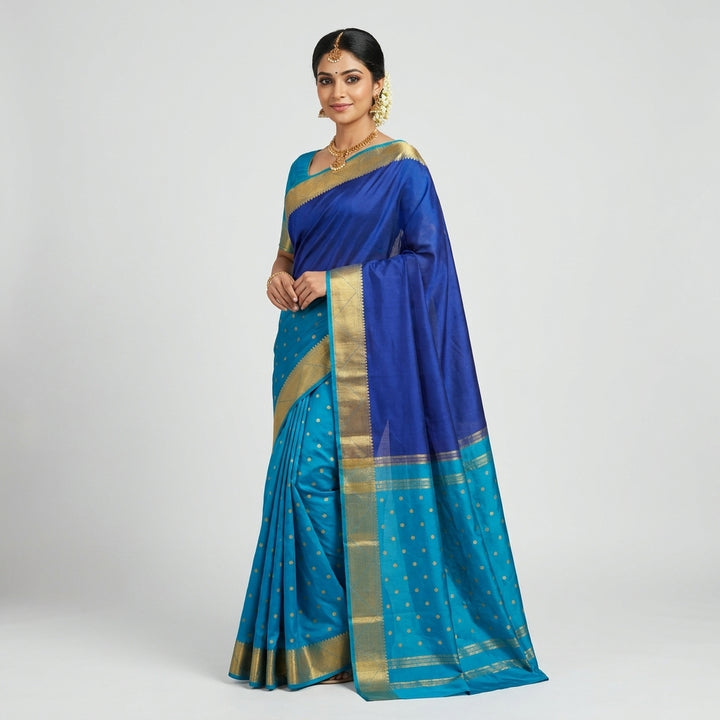 MYSORE CREPE IN ROYAL BLUE WITH NAVY BLUE