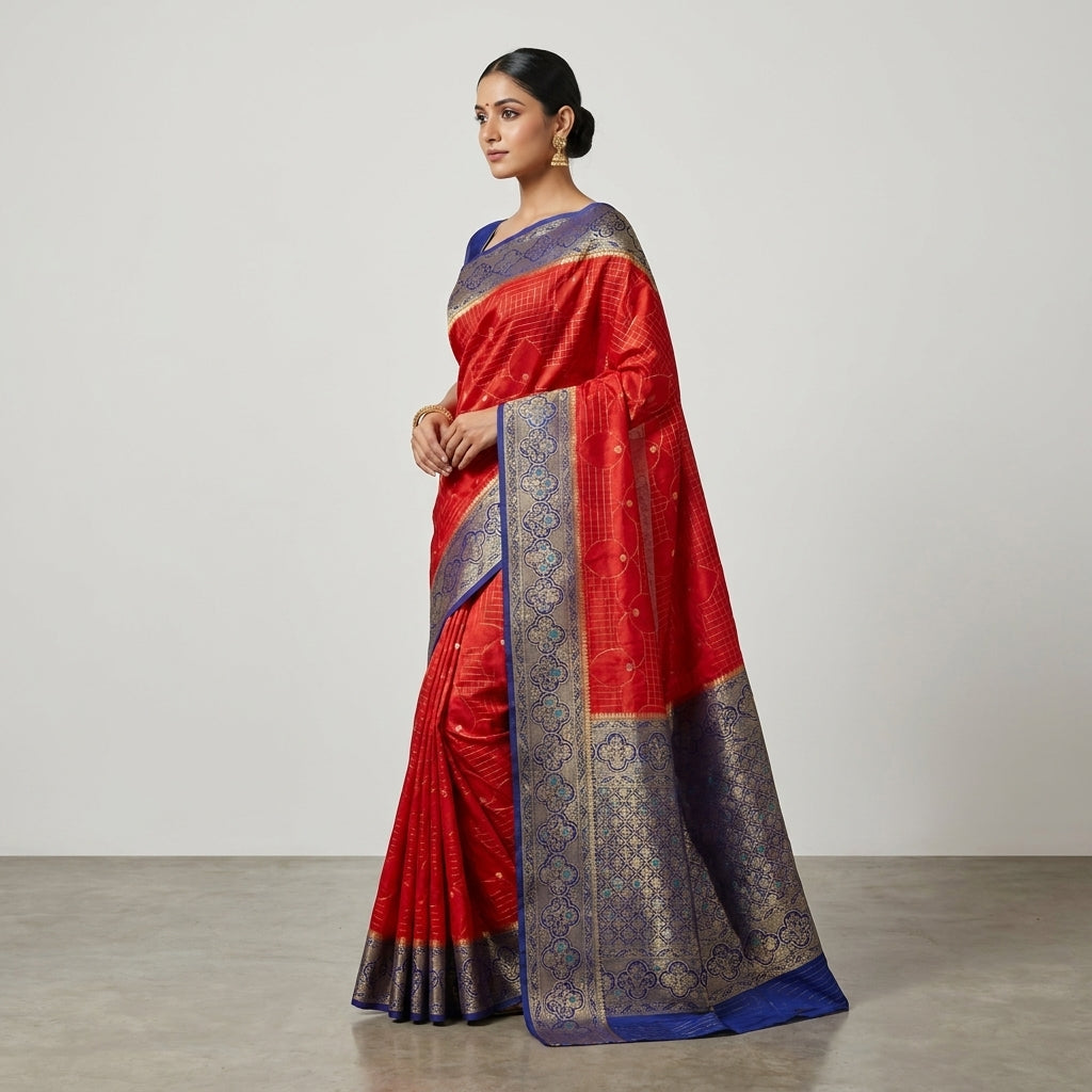 RUSSIAN SILK IN RED WITH NAVY BLUE BORDER