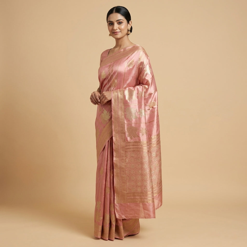 KOREAN SILK IN PEACH WITH GOLD AND SILVER ZARI WORK