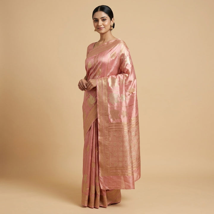 KOREAN SILK IN PEACH WITH GOLD AND SILVER ZARI WORK