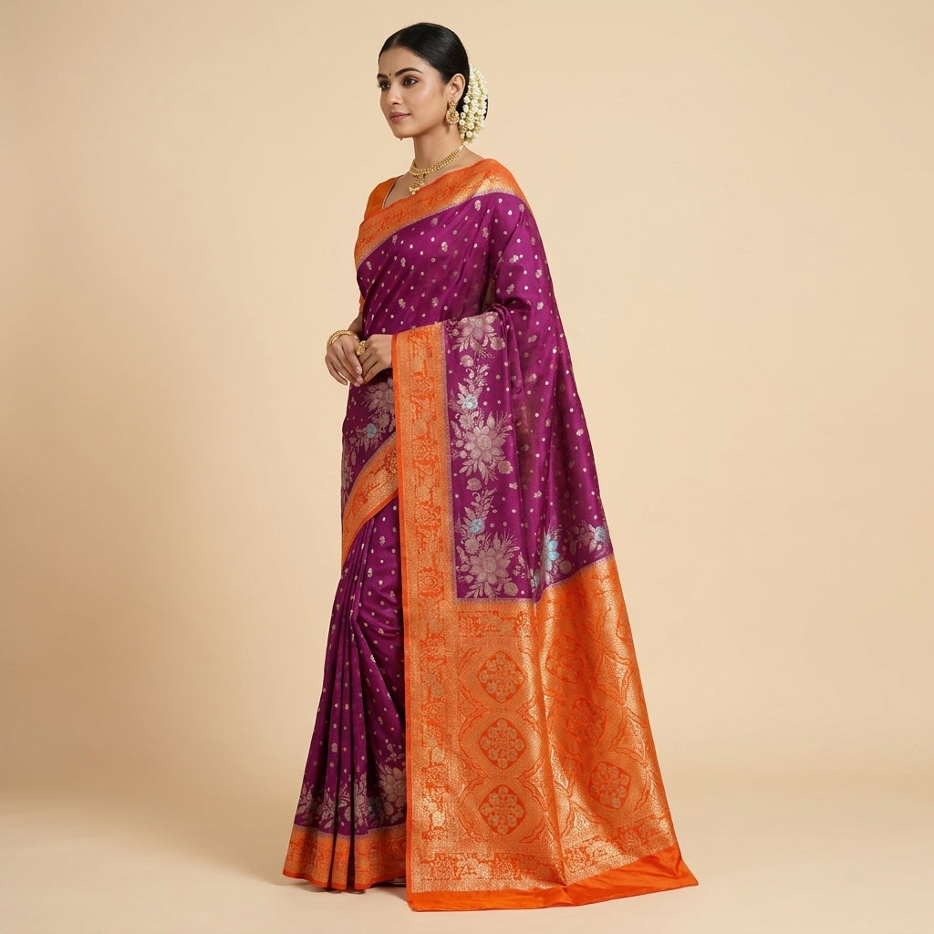 KHADDI GEROGETTE IN MAGENT WITH ORANGE BORDER