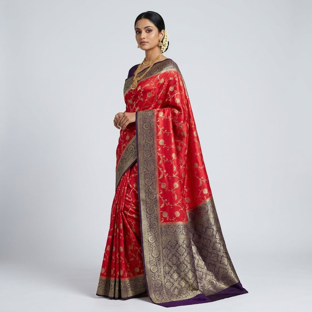 KHADDI GEORGETTE IN RED WITH INDIGO BORDER