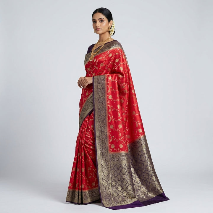 KHADDI GEORGETTE IN RED WITH INDIGO BORDER
