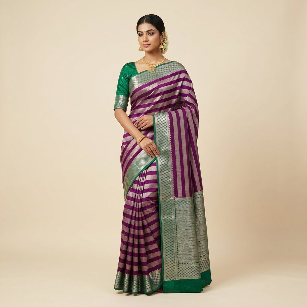 CREPE GEROGETTE IN MAGETA AND SILVER ZARI WORK WITH BOTTLE GREEN BORDER