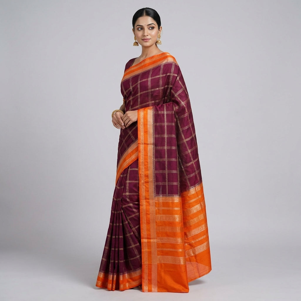 KHADDI GEORGETTE IN GARNET WITH TANGY ORANGE BORDER