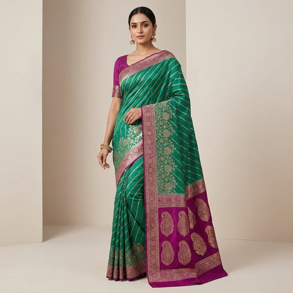 KHADDI GEORGETTE IN BOTTLE GREEN WITH MAGENTA BORDER