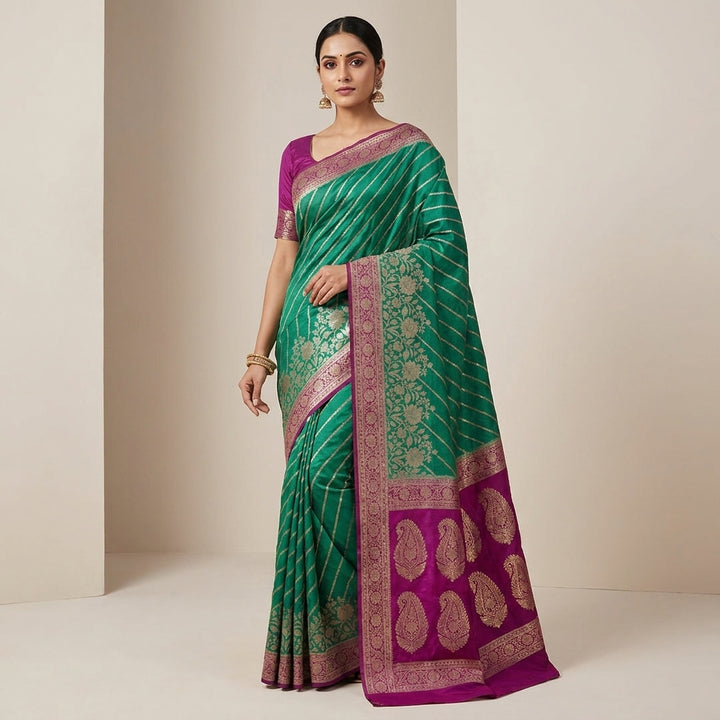 KHADDI GEORGETTE IN BOTTLE GREEN WITH MAGENTA BORDER