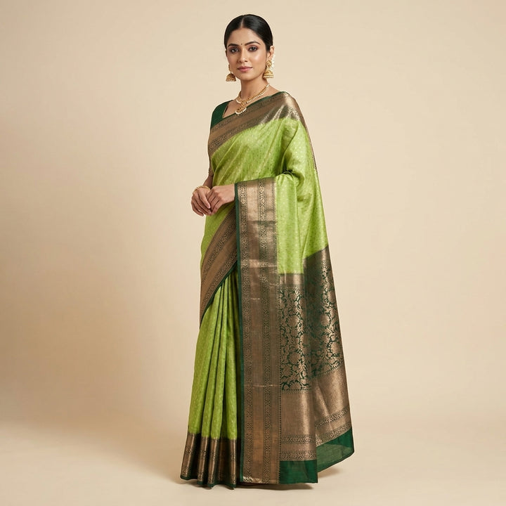 PARROT GREEN COLOUR MATKA LINEN WITH BOTTLE GREEN BORDER