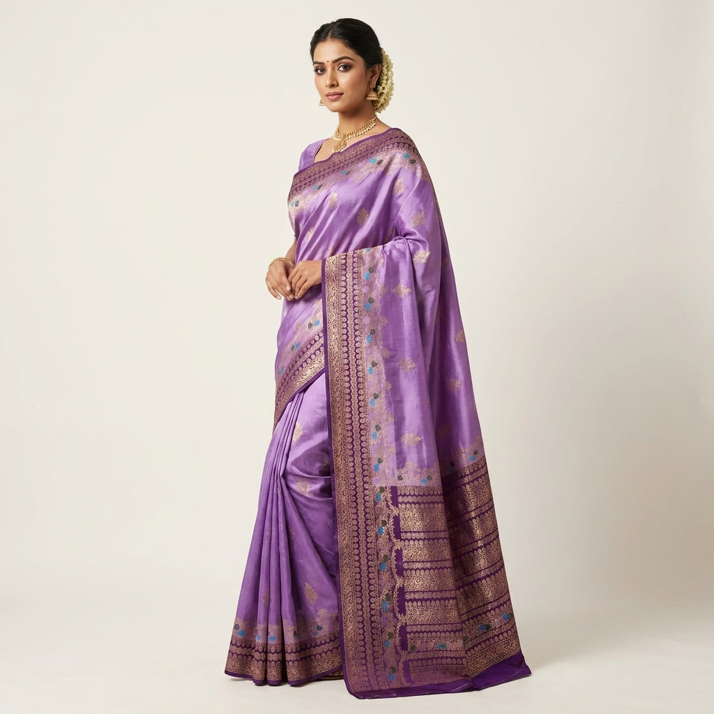 RUSSIAN SILK IN LAVENDER WITH MAGENTA BORDER SAREE